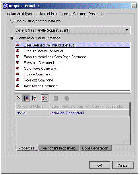 This figure shows the CommandField with CommandDescriptor property selected. This figure shows the CommandDescriptor editor with the Properties tab selected. 