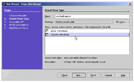 This figure shows the Select View Type panel of the new ViewBean wizard. 