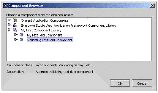 This figure shows the Component Palette and the contents of the Visual Components tab.       This figure shows the Component Browser (an alternative to the Component Palette).