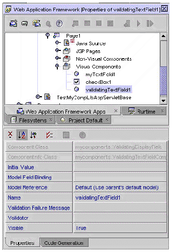 This figure shows the validatingTextField1 visual component node and its property sheet (Properties tab).