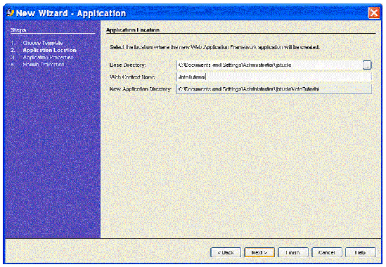 This figure shows the Application Location panel of the New Application Wizard. 