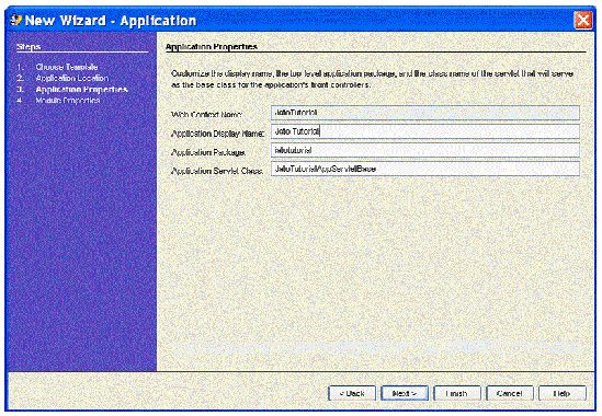 This figure shows the Application Properties panel of the New Application Wizard. 