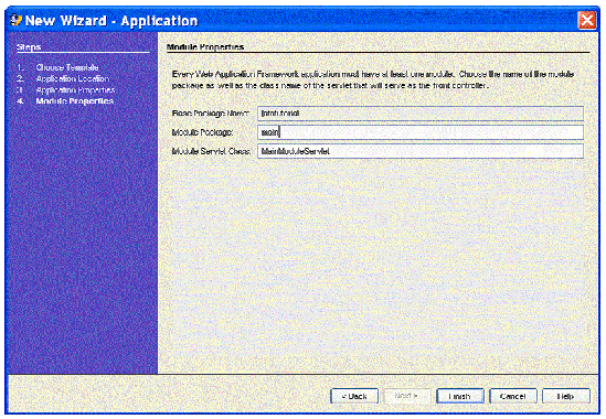 This figure shows the Module Properties panel of the New Application Wizard. 
