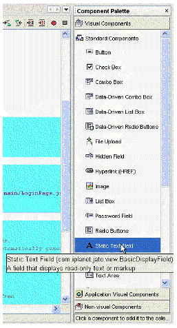 This figure shows the Component Palette of the Web Application Framework, with the contents of the Visual Components Palette displayed..