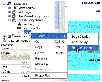 This figure shows the Events -> handleRequest options on the login node's contextual menu.