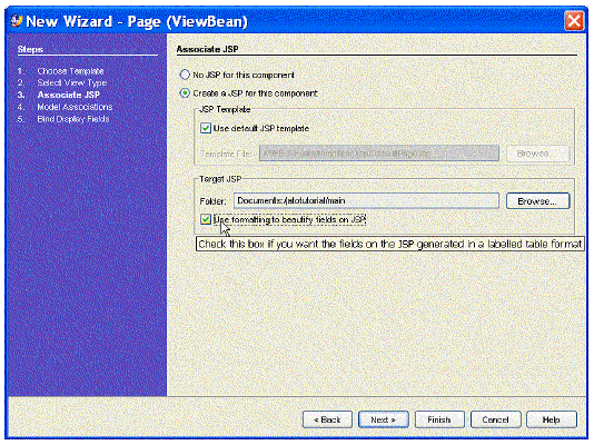 This figure shows the Associate JSP panel of the New Page (ViewBean) Wizard.
