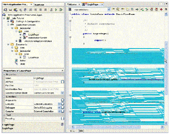 The left side of the figure shows the application layout. The right side of the figure shows the code in the two servlet classes that were created.