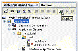 This figure shows the Application Name folder (Jato Tutorial) selected, that node's property sheet displayed, and the Deploy button in the toolbar clicked. 