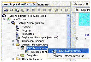 This figure shows the Web Application Framework Web application node (Jato Tutorial) and options corresponding to its subnode Settings & Configuration -> Design-Time Resources -> JDBC Datasources. The Add JDBC Datasource option is being chosen. 