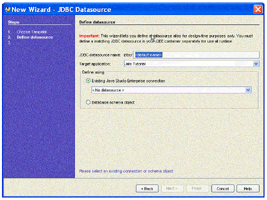 This figure shows the Define Datasource panel of the New JDBC Datasource Wizard. 