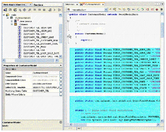 The left side of the figure shows the CustomerModel object in the main module. The right side of the figure shows the code that was created. 