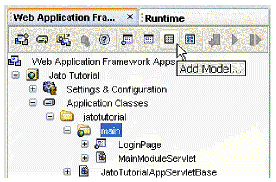 This figure shows the Add Model button on the Web Application Framework toolbar.