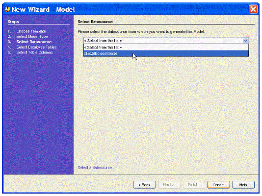 This figure shows the Select Datasource panel of the New Model Wizard. 