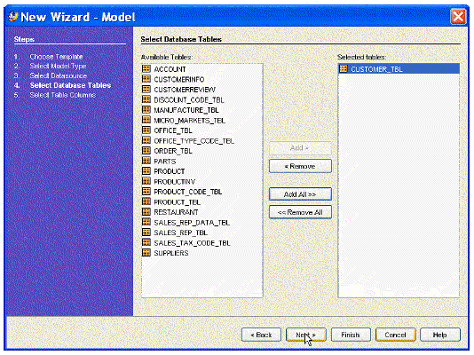 This figure shows the Select Database Tables panel of the New Model Wizard. 