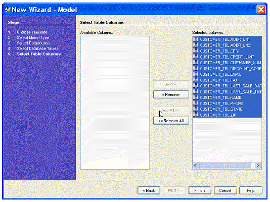 This figure shows the Select Table Columns panel of the New Model Wizard. 