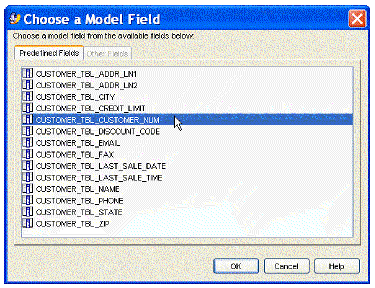 This figure shows the Choose a Model Field editor.