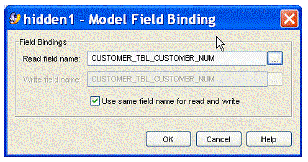 This figure shows the Model Field Binding property editor with fields populated.