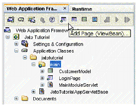 This figure shows the Add Page (ViewBean) button on the Web Application Framework toolbar. 