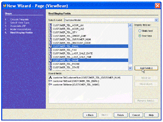 This figures shows the Bind Display Fields panel of the New Page (ViewBean) Wizard.