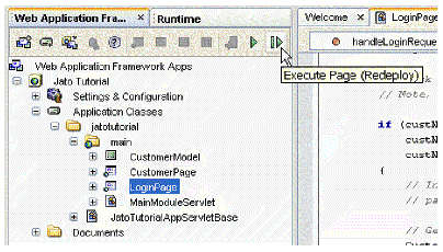 This figure shows the CustomerPage node and the Execute Page (Redeploy) button.