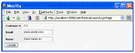 This figure shows the Customer page with the customer record that corresponds to the customer number login.