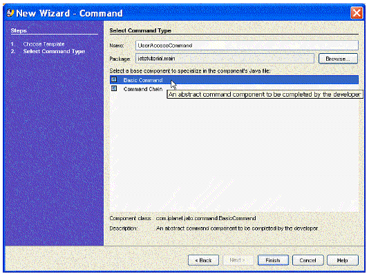 This figure shows the Select Command Type panel of the New Command Wizard. 