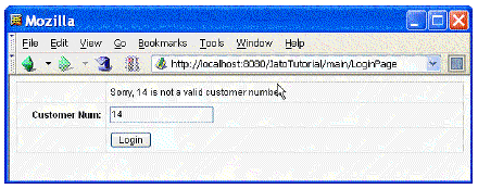 This figure shows the browser displaying the application with the Customer Num field. An invalid customer number has been entered and an error message is displayed. 