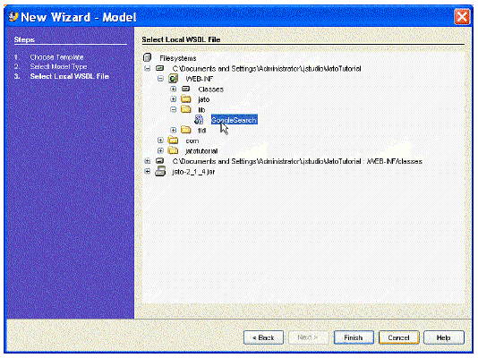 This figure shows the Select Local WSDL File panel of the New Model Wizard.