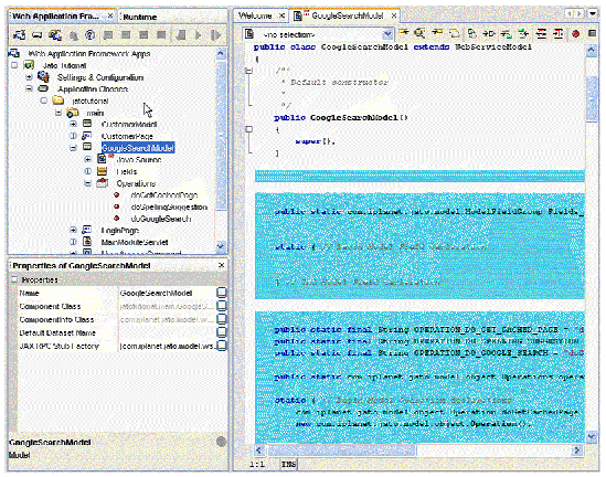 The left side of the figure shows the GoogleSearchModel object created in the main module. The right side of the figure shows the code.