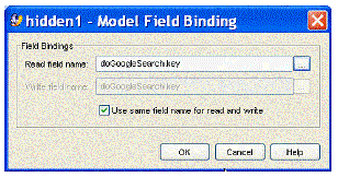 This figure shows the populated Read field name and Write field name fields in the Model Field Binding editor.