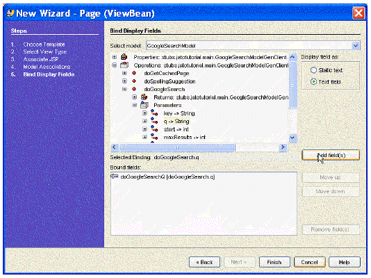 This figure shows the Bind Display Fields panel of the New Page (ViewBean) Wizard. 