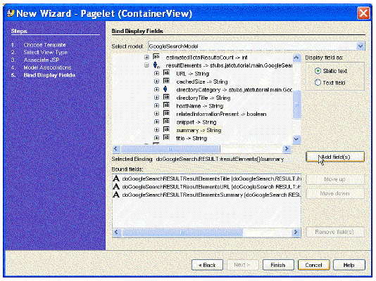 This figure shows the Bind Display Fields panel of the New View Wizard.