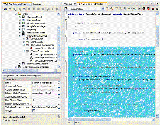 The left side of the figure shows the SearchResultsPagelet TiledView. The right side of the figure shows the code.