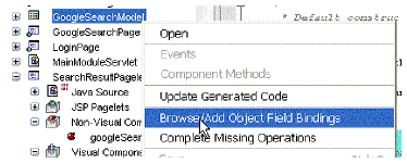 This figure shows the Browse/Add Object Field Bindings option in the GoogleSearchModel.