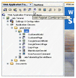 This figure shows the Add Pagelet button on the Web Application Framework toolbar.