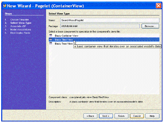 This figure shows the Select View Type panel of the New Pagelet (ContainerView) Wizard.