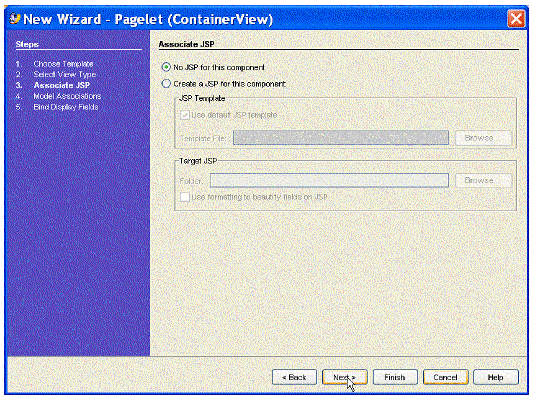 This figure shows the Associate JSP panel of the New Pagelet (ContainerView) Wizard.