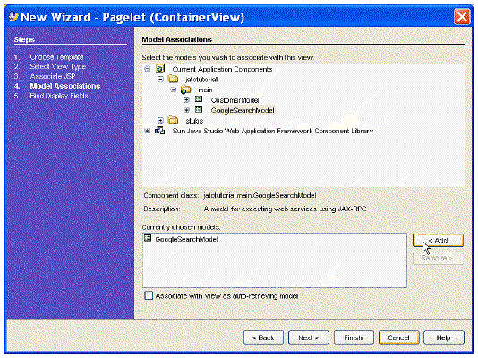 This figure shows the Model Associations panel of the New Pagelet (ContainerView) Wizard.