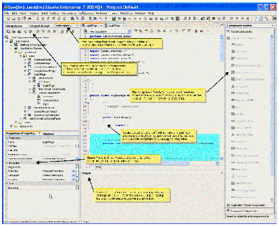 This figure shows a complete view of the Sun Java Studio Enterprise 6 IDE. The Web Application Framework Workspace appears, along with the Component Palette. 