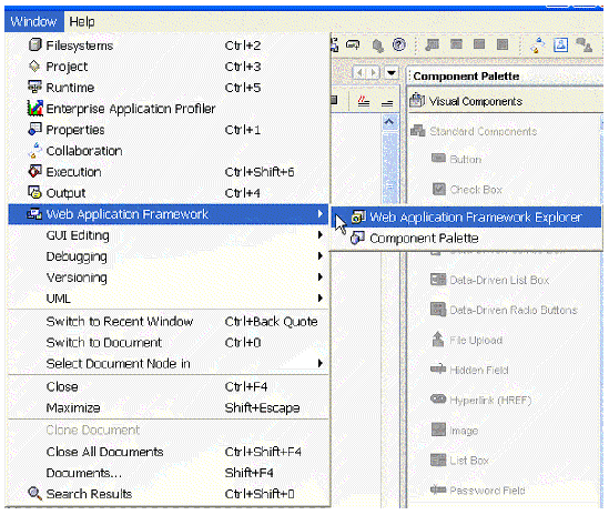 This figure shows the Windows menu listing all the windows available in the IDE.