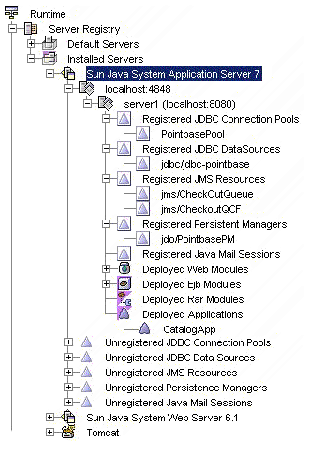 Screenshot of a section of the Runtime window showing the Server Registry Node and its default subnodes.	 Screenshot of a section of the Runtime window showing the Server Registry Node and its default subnodes.