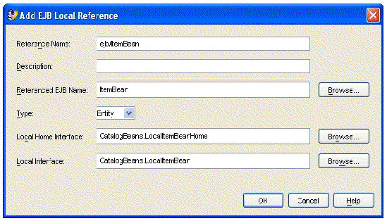 Screenshot of Add Local EJB Reference dialog box.