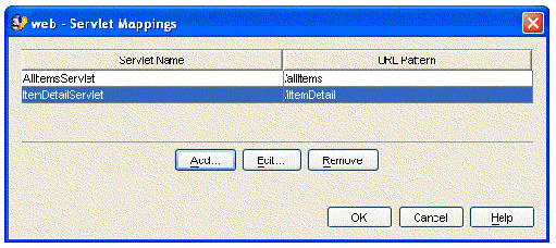 Screenshot of Servlet Mappings property editor with edited mappings for AllItemsServlet and DetailServlet.