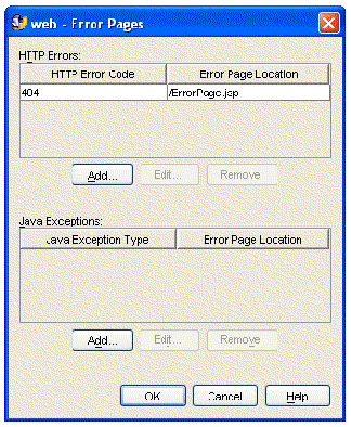 Screenshot of Error Pages property editor showing Help Error Code 404 mapped to ErrorPage.jsp. Screenshot of Error Pages property editor showing Help Error Code 404 mapped to ErrorPage.jsp.