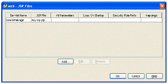 Screenshot of JSP Files property editor.
