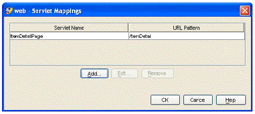 Screenshot of Servlet Mappings property editor.