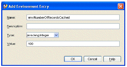 Screenshot of Add Environment Entry dialog. Field values are, Name, NumberOfRecordsCached, and Value, 100. Screenshot of Add Environment Entry dialog. Field values are, Name, NumberOfRecordsCached, and Value, 100.