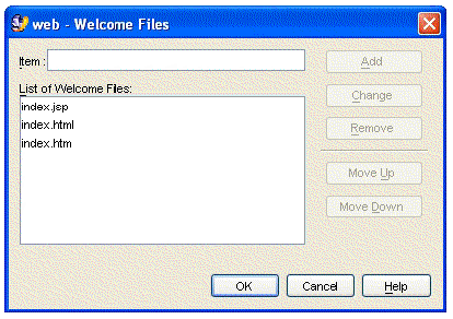 Screenshot of Welcome Files property editor, showing the default welcome file names of index.jsp, index.html, and index.htm. Screenshot of Welcome Files property editor, showing the default welcome file names of index.jsp, index.html, and index.htm.