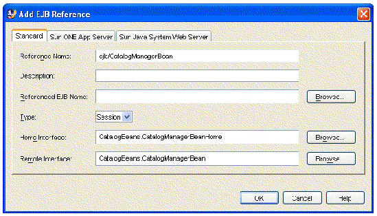 Screenshot of EJB Reference Property editor with values in Reference Name, Type, Home Interface, and Remote Interface fields.