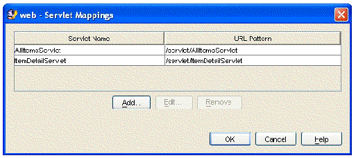 Screenshot of Servlet Mappings property editor with default mappings for AllItemsServlet and DetailServlet